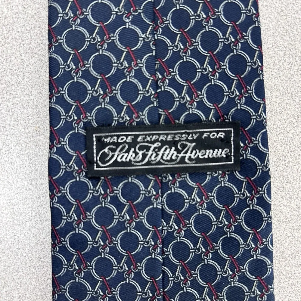 Saks Fifth Avenue‎ Men's Blue Chain Loop Silk Neck Tie Made in USA